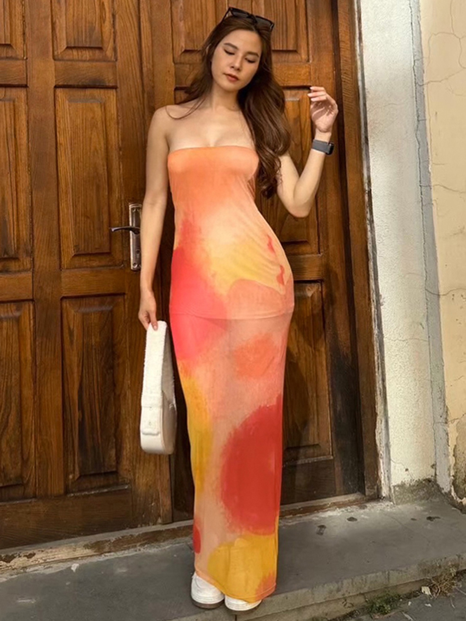 women's summer maxi dress - strapless bodycon tube top with tie-dye print,  a-line silhouette & high slit - lightweight 100% polyester machine washable  clubwear party dress - women's clothing