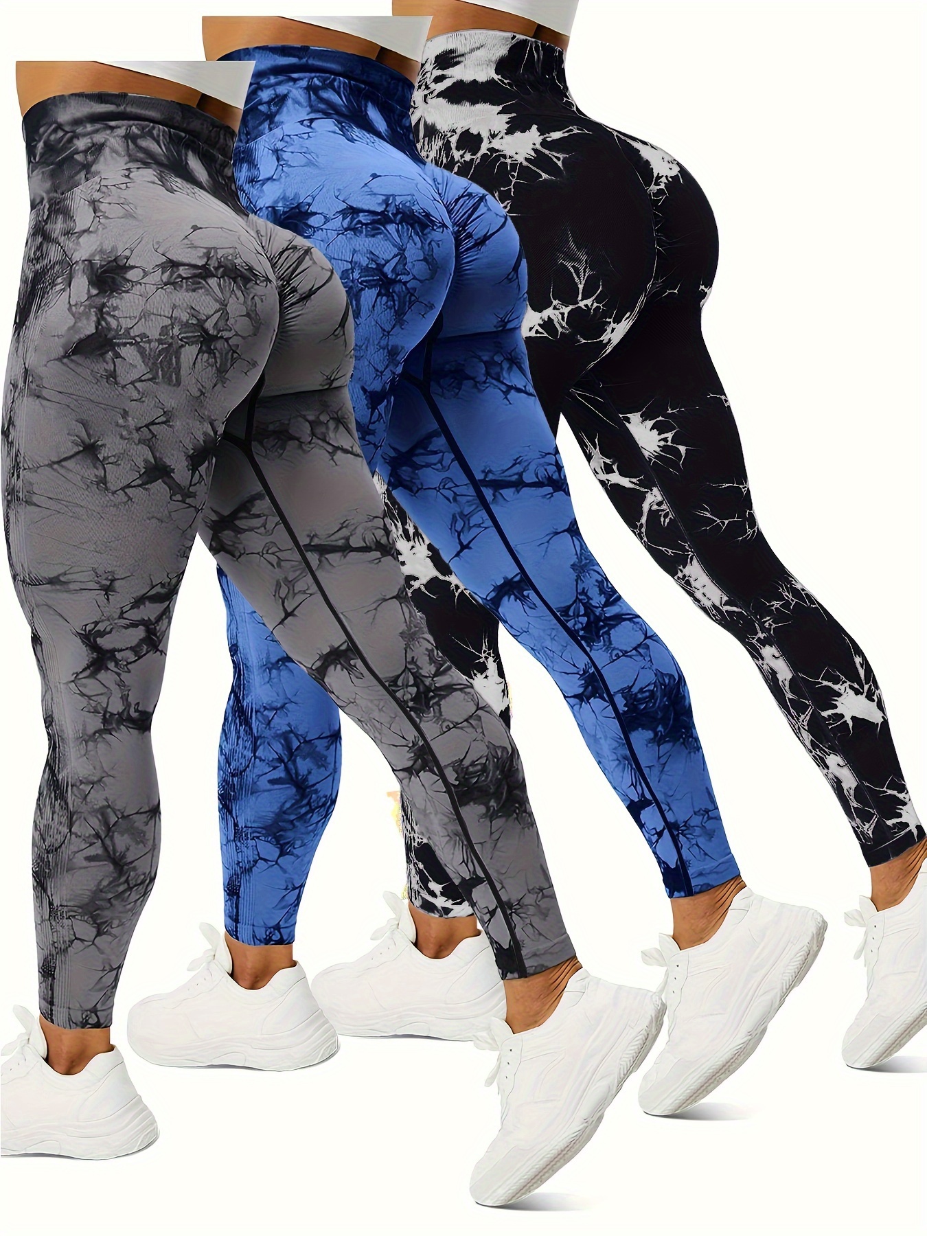 3pcs Women's High-Waisted Seamless Leggings - 4-Way Stretch Quick-Dry Yoga Pants with Tie-Dye Marble Print, Side Stripe Detailing & Slim-Fit for Gym, Casual & All-Season Wear, Fitness Apparel, Stylish Workout Clothes