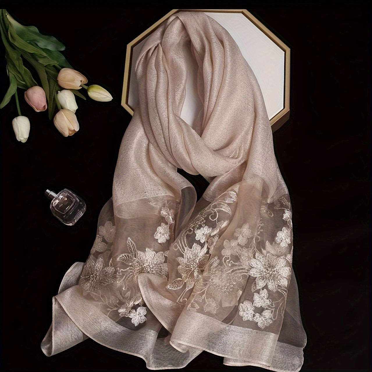 

Elegant Embroidered Flower Scarf Shimmering Thin Breathable Shawl Simple Style Windproof Sunscreen Scarf Suitable For Daily Wear Travel