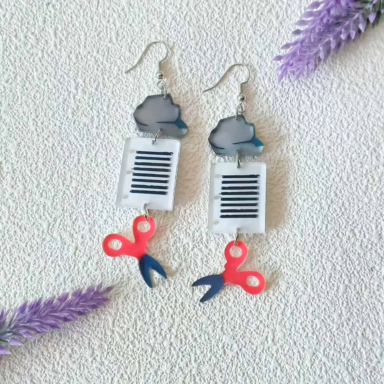 TEMU 1 Pair Of Creative And Pendant Earrings - Designed With Stone, Scissors, And Fabric, Featuring Striped Details And Acrylic Function, Daily Wear