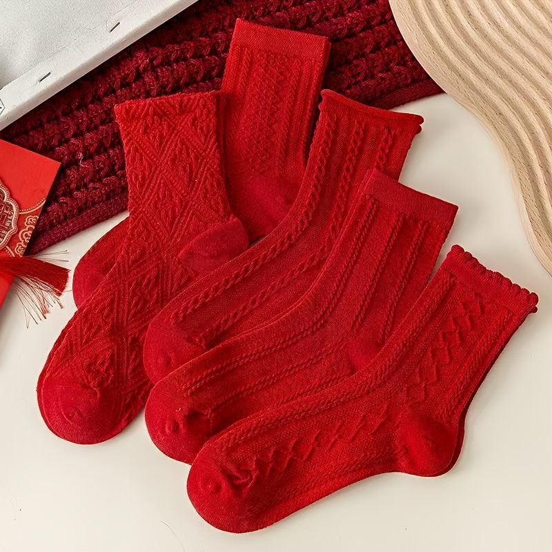

5pcs Women's Knit Socks - & Comfortable Mid-calf Polyester , Valentine's Day & New Year Celebrations, Lace Pattern, Year