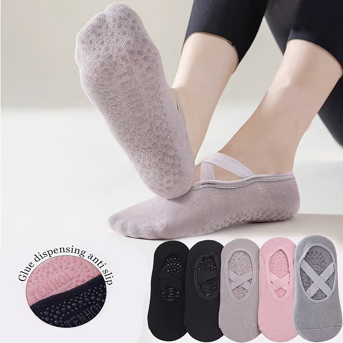 TEMU Lot de 3 paires de chaussettes de sol de yoga antidérapantes, couleur aléatoire, à semelle serviette rembourrée en , antidérapantes, basses et