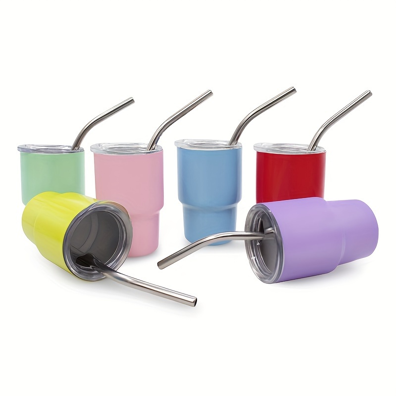 

6pcs, 3oz Mini Glass Cups With Straw, Stainless Steel Water Cup, Outdoor Camping Picnic Coffee Mug Drinkware