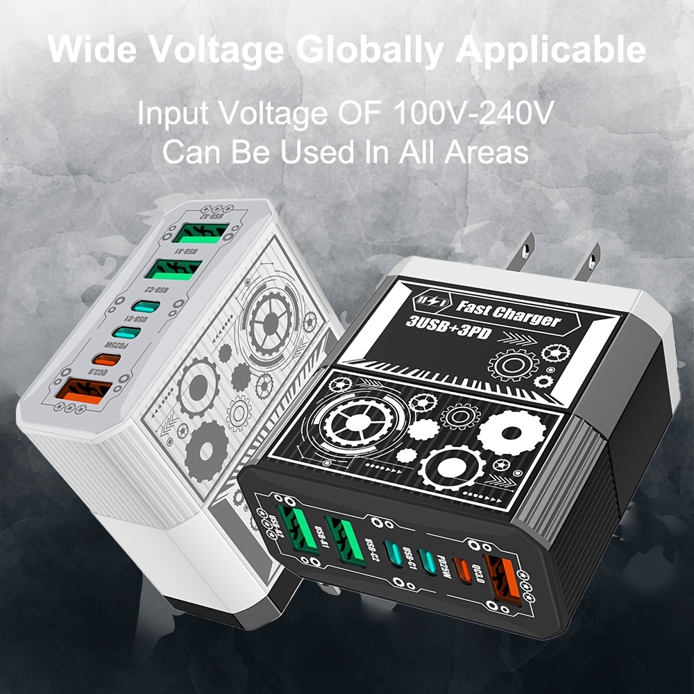 3USB + 3PD Total 40W Mobile Phone Fast Charging Adapter, US Plug 6 Ports Charger QC3.0 Fast Charging for iPhone for Samsung Travel Charger Wall Charger, Multidevice Charging, Spacesaving Charger, Compact Charger, Efficient Charging Technology, Sturdy