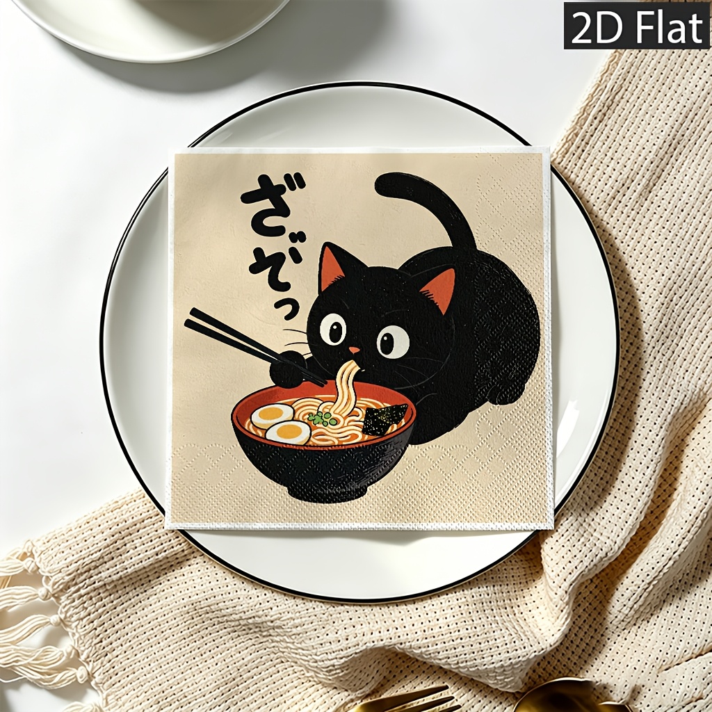 TEMU Lot de 20 serviettes en papier jetables 2D à plat, motif de dessin mangeant des nouilles avec des , 2 épaisseurs pour une durabilité accrue -