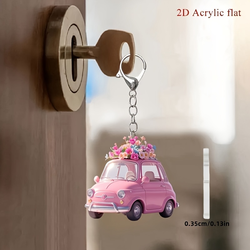 2d Flat, 1 Fashionable Pink Car And Flower Keychain, Suitable For Backpacks And Car Keys, Holiday Party Decoration, Perfect Gift, Non-3d, 2d Flat
