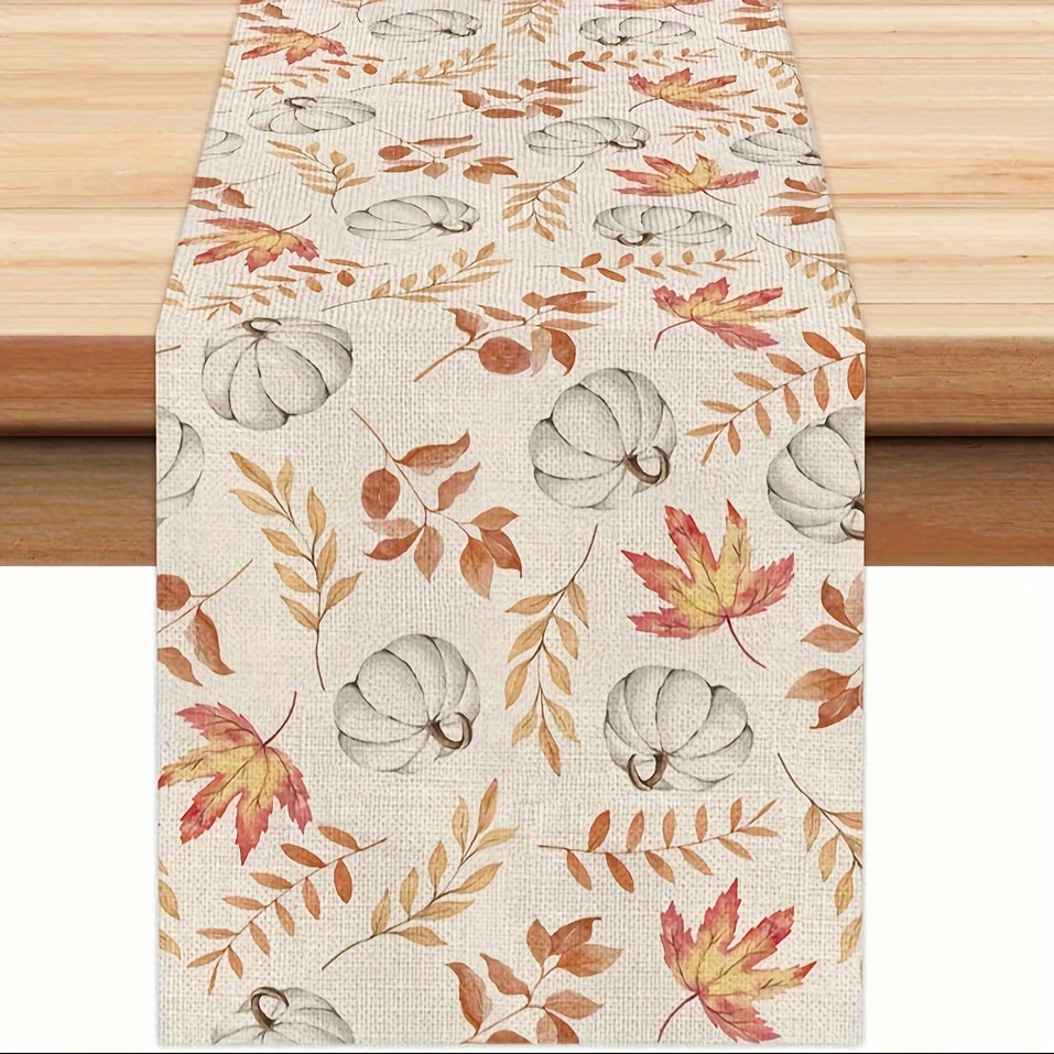 

1pc, Table Runner, Fall Series Thanksgiving Theme Table Runner, Pumpkin And Maple Leaf Pattern Seasonal Table Runner, Burlap Farmhouse Indoor Table Decor, Home Decor