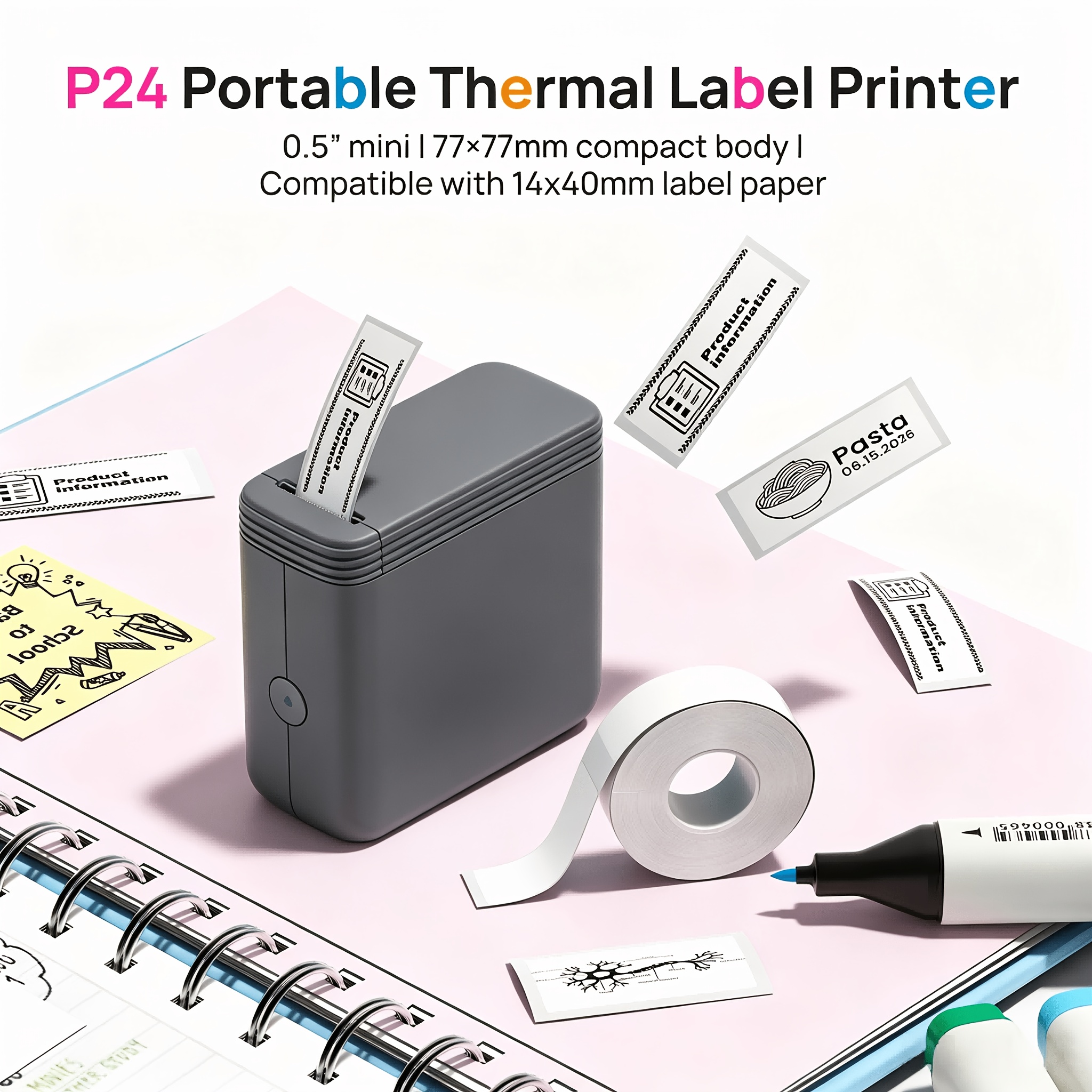 P24 Portable Thermal Label Maker, Wireless App Sticker Printer With 203dpi Inkless Printing, Mini Label Machine For Smartphone Editing Home Office And Travel Organization