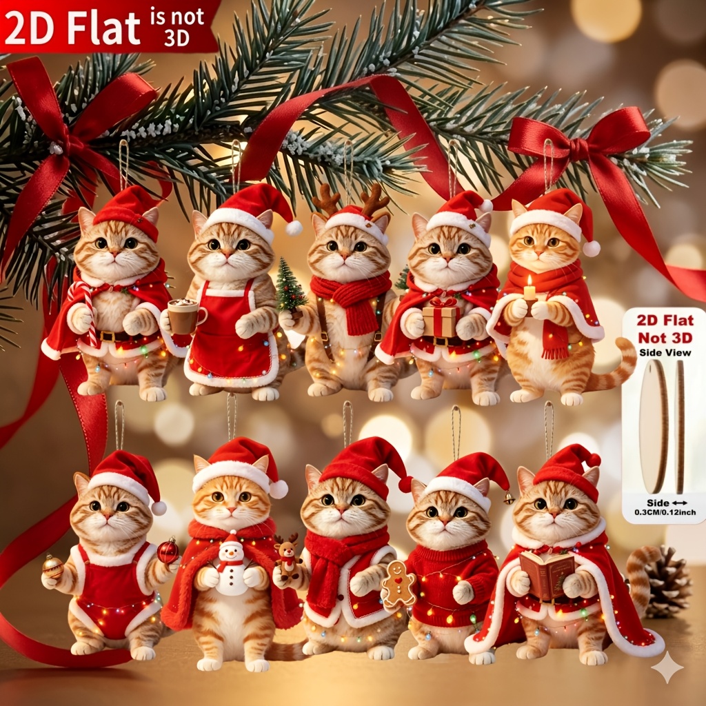 TEMU 2D Piatto 10 pezzi Gatto indossa vestiti natalizi, ornamenti natalizi, decorazioni con design stampato di elementi classici per le feste, scelta