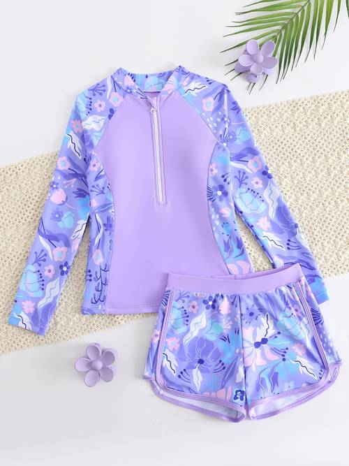 girls tankini swimsuit zipper tropical print swimwear with zipper suitable for vacations