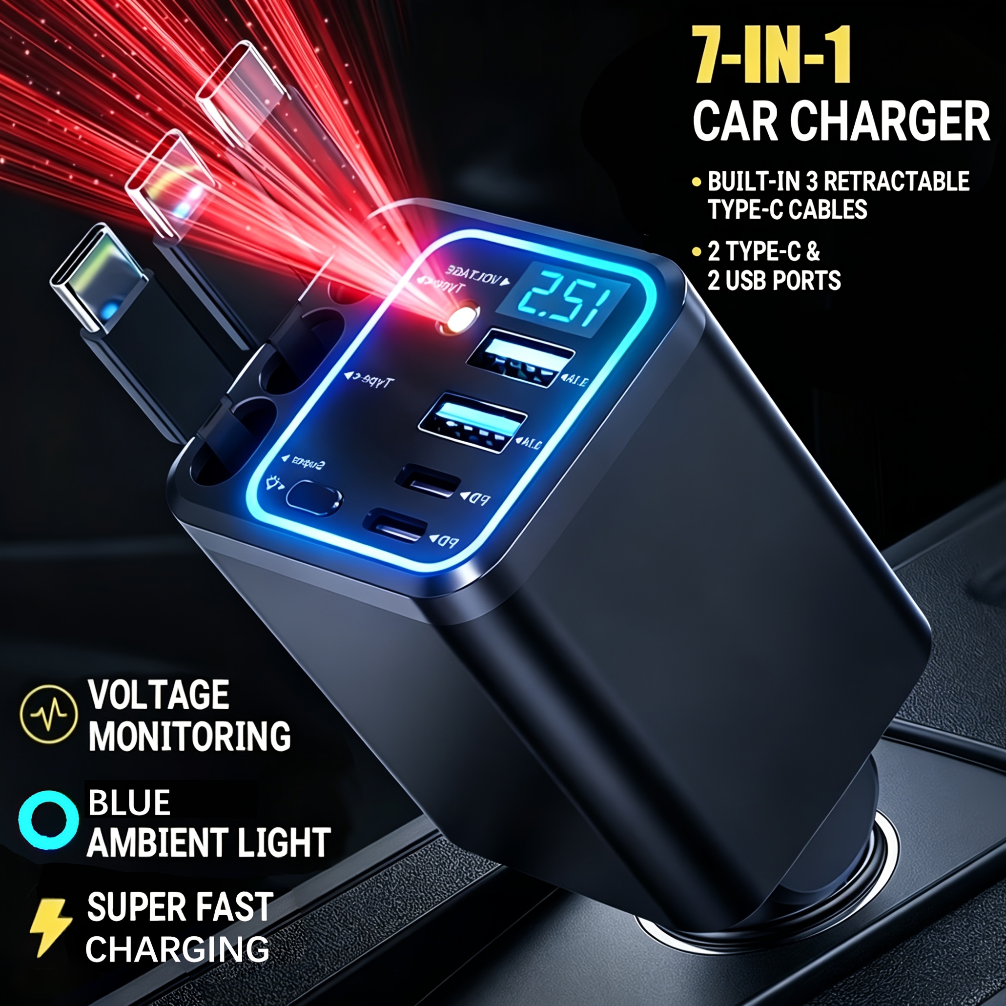 Artikelbild   120w schnell einziehbares auto-ladegerät mit 3 usb typ-c datenkabeln - universalstecker, keine batterie, auto-ladelösung | kompaktes ladegerät | einziehbares kabel, auto-ladegerät schnellladung