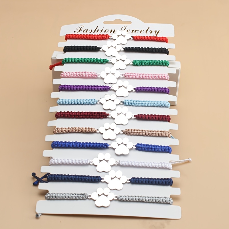 TEMU 12pcs Set Handmade Woven Rope Bracelet, Cute Stainless Paw Bracelets, Men Women Couple Friendship Hand Rope, 12 Color Combinations, Suitable For