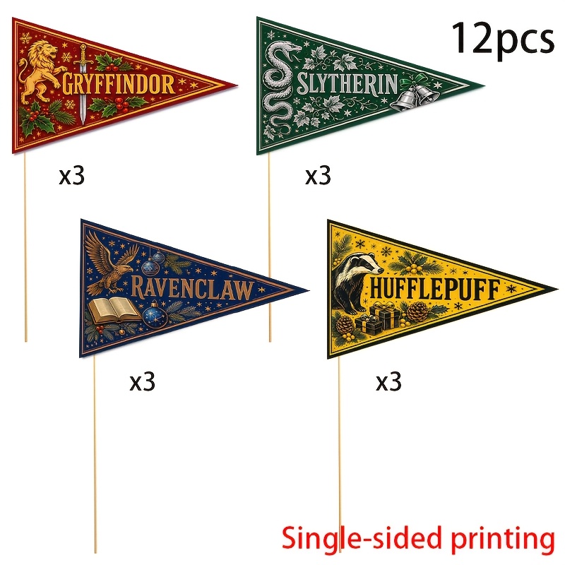 TEMU 12 pz Bandierine Natalizie di Carta Portatili , Stendardi Casate Grifondoro Serpeverde Corvonero Tassorosso, 4 Design � 3, Decorazioni Festive a