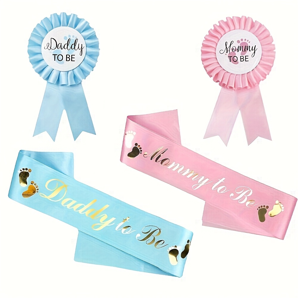 TEMU 4pcs Dad And Mom Belts And Badges Gender Reveal Elegant Pink And Blue Party Decoration Set, Wedding Anniversary Party Supplies, Birthday Party