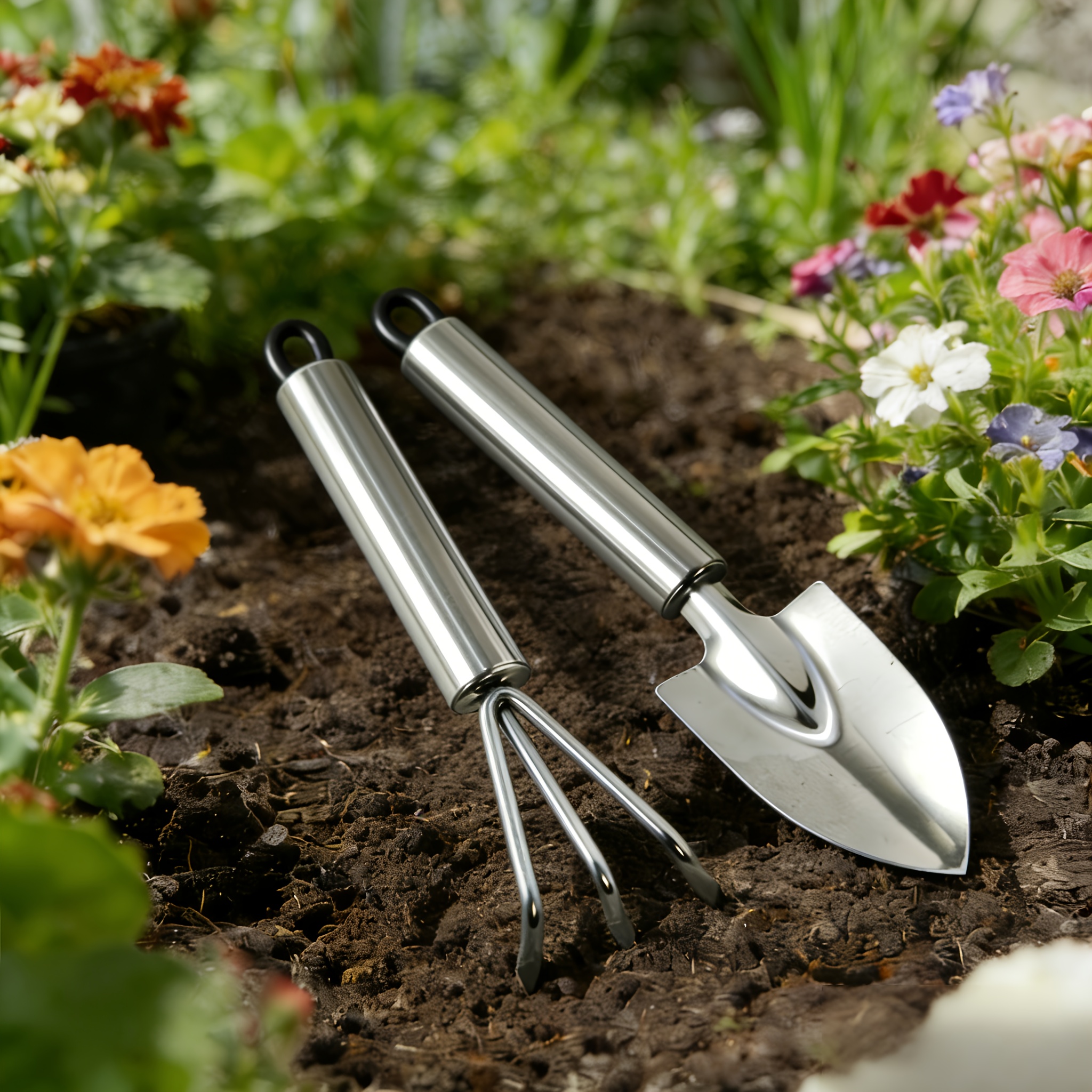 Image of Stainless Steel Gardening Tool Set, Heavy Duty Hand Shovel & Rake, For Balcony Potted Planting, , Digging Wild Vegetables, Durable Outdoor Garden Kit