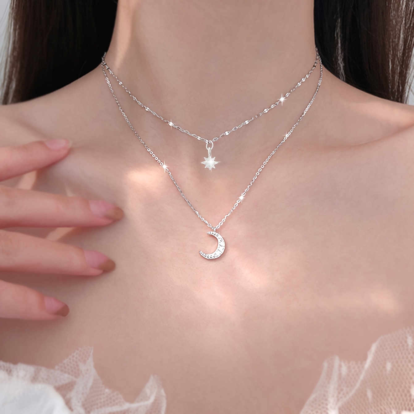 TEMU 2pcs Set Of Fashionable All-match Star Moon Niche Design Necklace Set