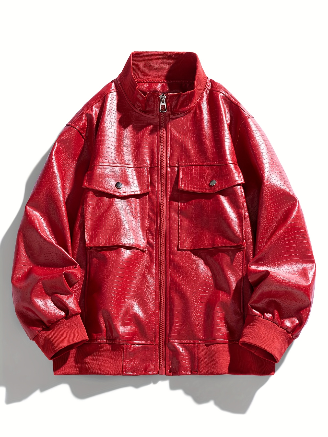 mens vintage motorcycle jacket glossy red biker coat with zipper closure stand up collar non stretch fabric front pockets retro motorcycle riding casual outerwear   jacket for men model 2578 motorcycle gear   attire   durable construction  s streetwear fashion   stitching   wear red 0