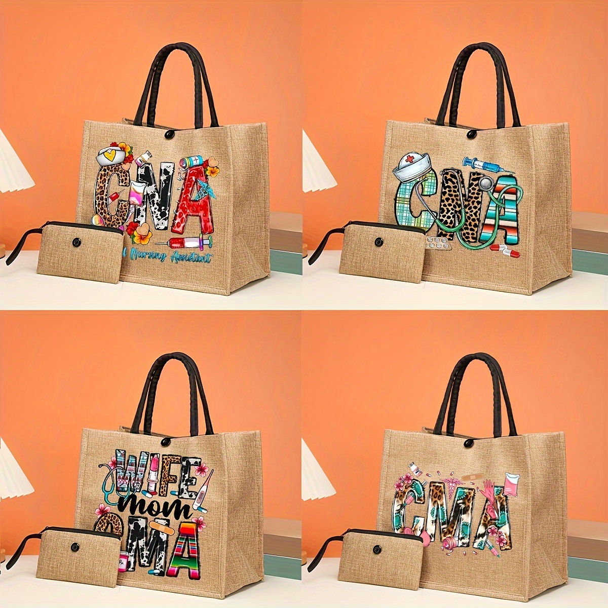 

2pcs Nurse Element Print Handbag, Cute Linen Shoulder Bag, Lightweight Travel Beach Bag & Shopping Bag