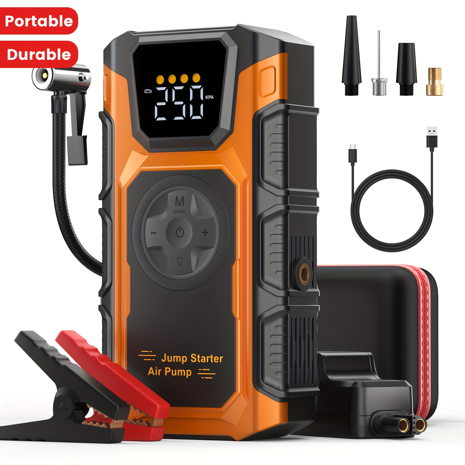 E-shop Starthilfe mit Luftkompressor, 150 PSI Luftkompressor, 7000 A 12V Autobatterie Booster Powerbank mit Luftpumpe für 9.5L Benzin oder 7.5L Diesel,