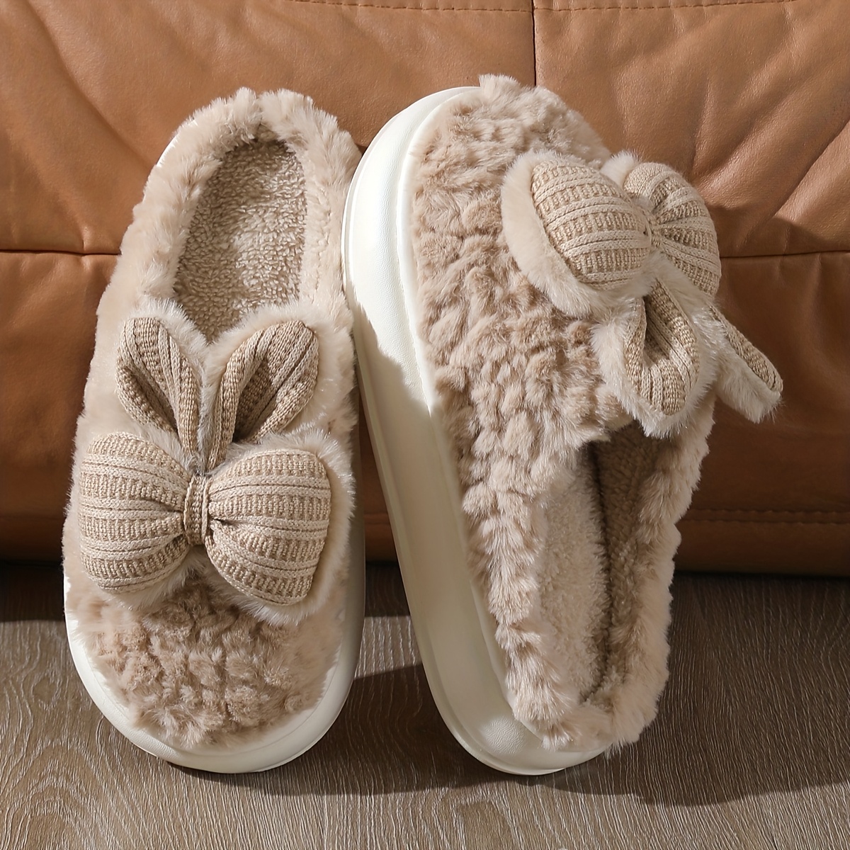 Image of Women's Bow Autumn And Shoes, Indoor Slippers With Plush Lining For , Elegant Thick-soled Slippers With Rabbit Ears., Women Shoes
