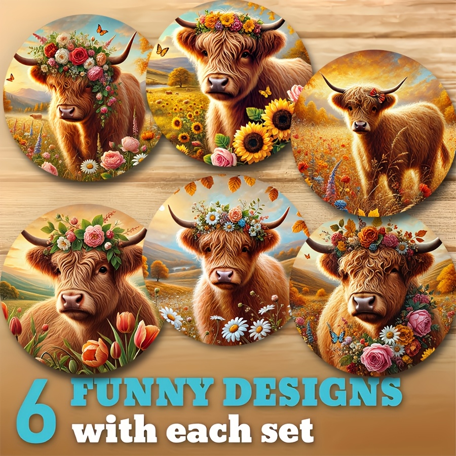 TEMU 6-Pack Highland Cow Houten Coasters Set, Bloemenkrans Ontwerp, Hittebestendig & Antislip, Ideaal voor Koffie, Thee & Dranken, Perfect voor Thuis