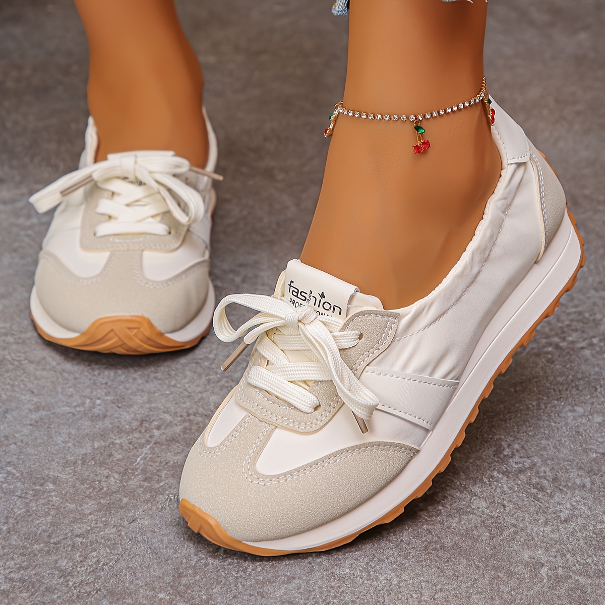 zapatillas casuales beige para mujer con cierre de cordones -   transpirable y parte   de cubierta sintética, comodidad acolchada,   de goma   - zapatos versátiles de corte   para   casual, zapatillas para mujer, calzado de moda  , diseño de zapatos minimalista, plantilla cómoda 1