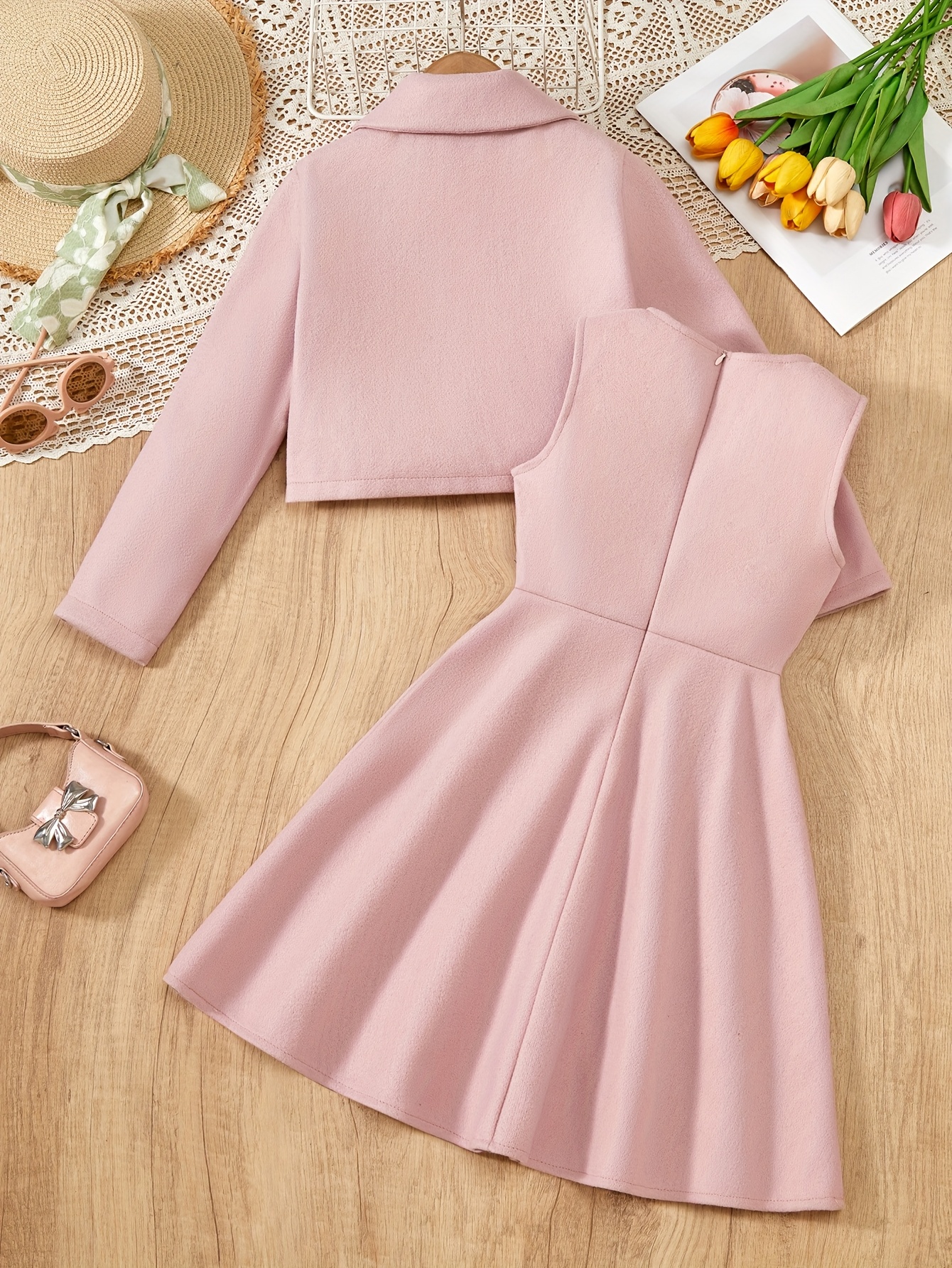 2pcs girls elegant tweed jacket a line dress set soft short Temu