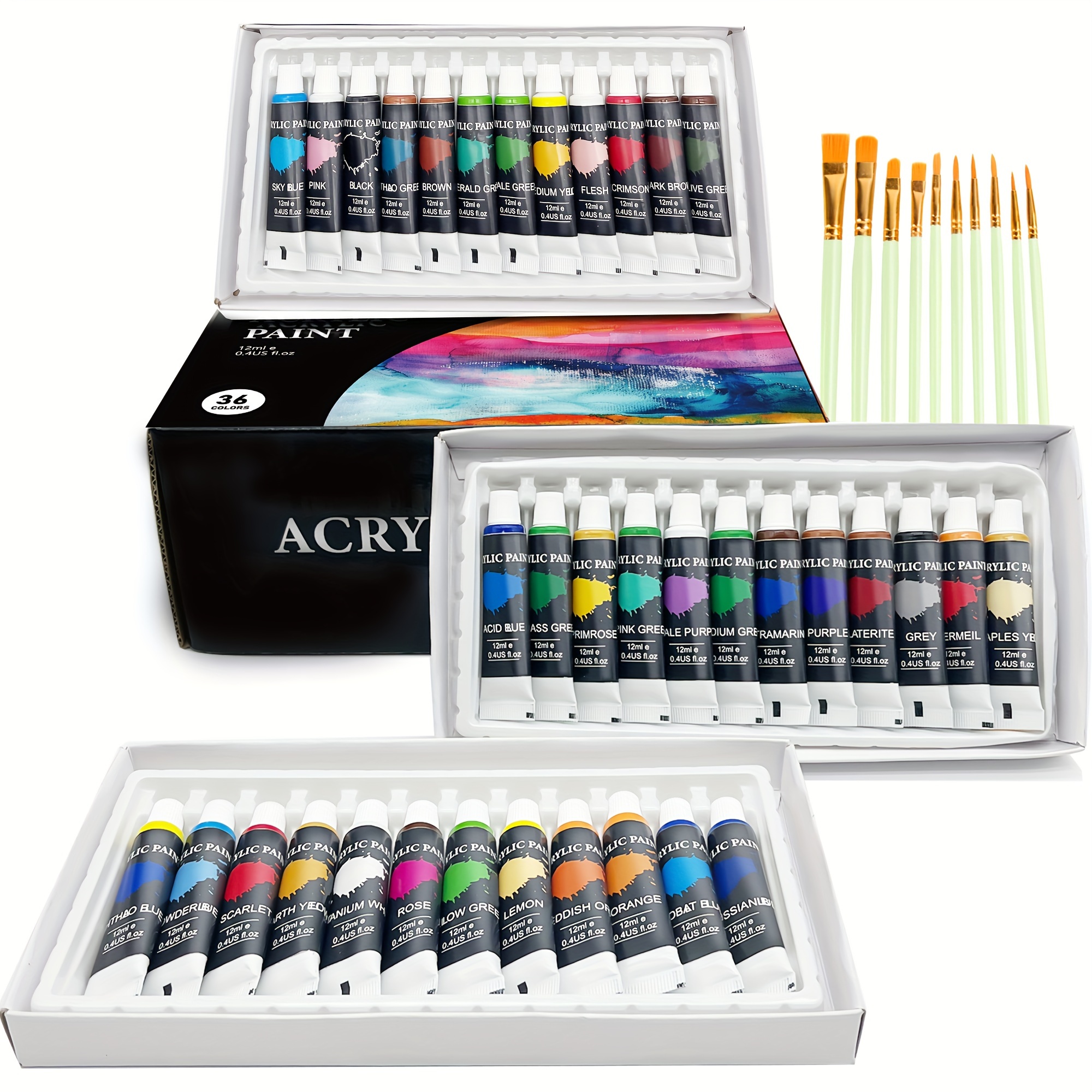 

Acrylic Paint Set, 36 X 12ml Tubes Artist Quality Non-toxic Paint Rich Colors Perfect For Adults Painting Professionally On Rock, Canvas, Wood, Clay, Fabric, Ceramic Crafts