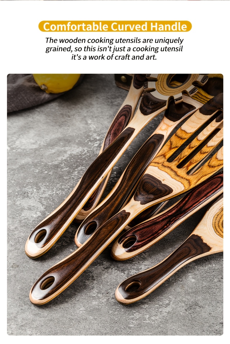 Pakkawood Spurtle Set, Kitchen Utensils Set For Cooking, WOSPONFAN 7pcs Pakkawood Wooden Cooking Spoons & Spatulas With Spoon Rest, Safe For Non-Stick Cookware, Outdoors & Kitchen Gift (Brown Spoon-7pcs)