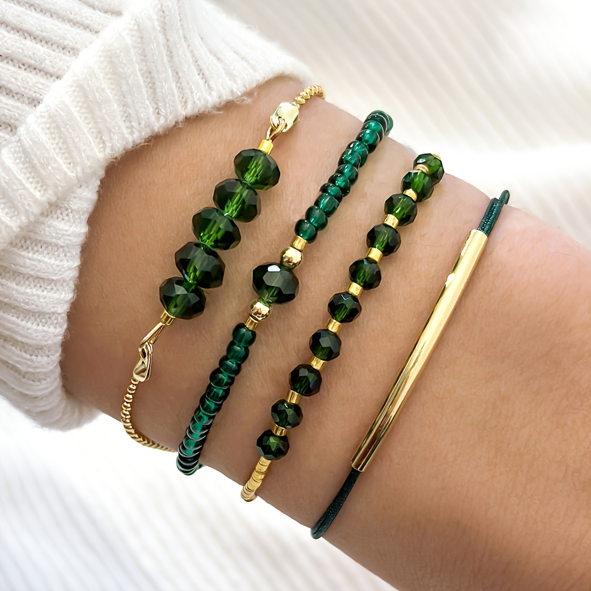 

Elegant Green Glass Beaded Bracelet Set, 4pcs Handcrafted Layered Stackable Bracelets For Women - Fashionable And Sexy, Beaded, Woven