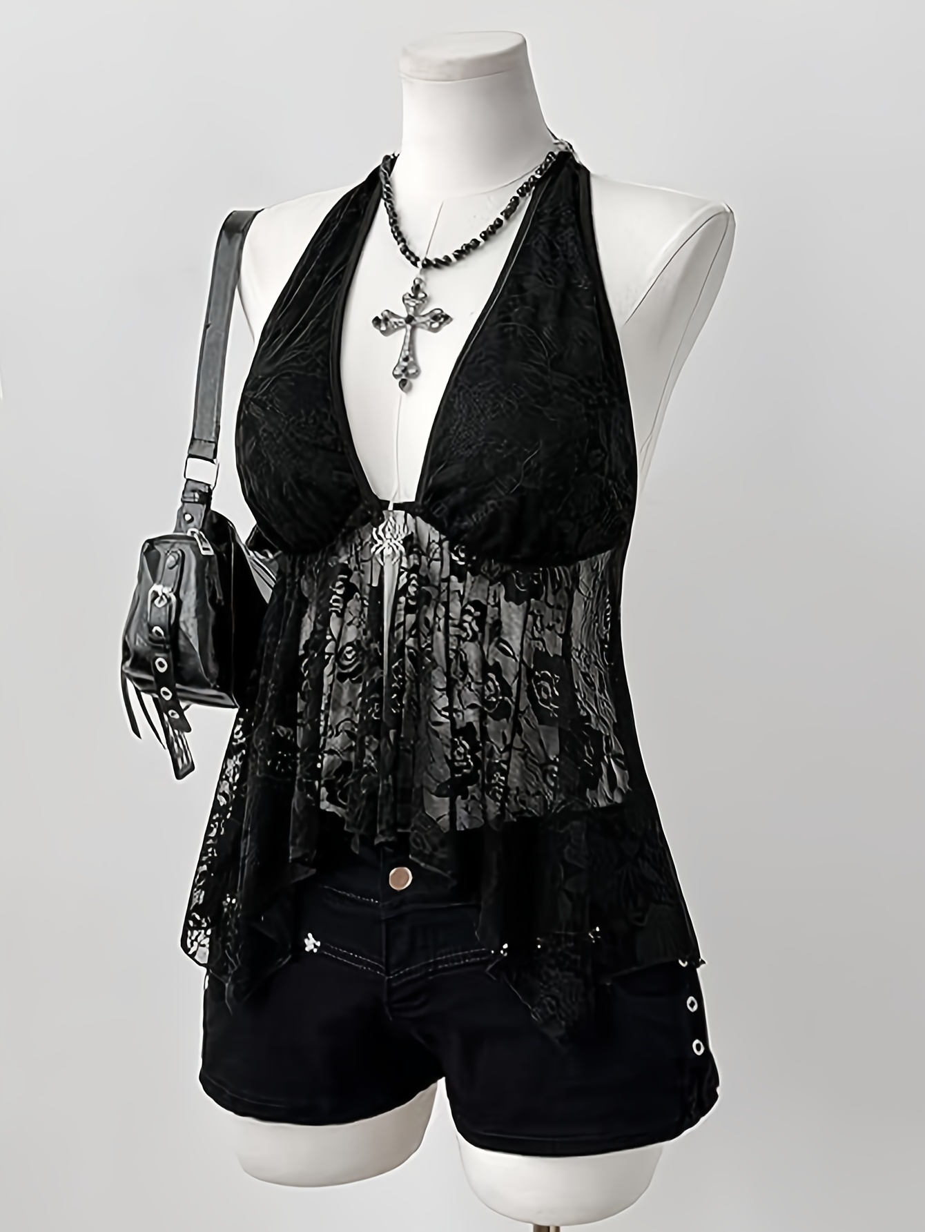 womens gothic embellished lace backless halter tie - Temu Qatar