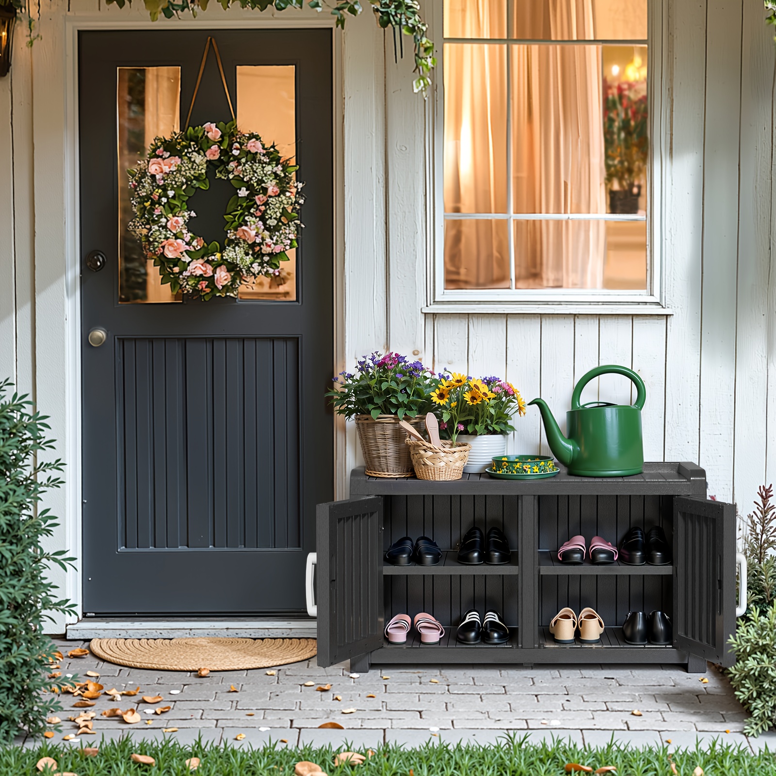 Country Style Double Door Entryway Shoe Bench With Adjustable Shelves For  Storing Shoes, Gardening Tools Home Entryway Or Garden Or