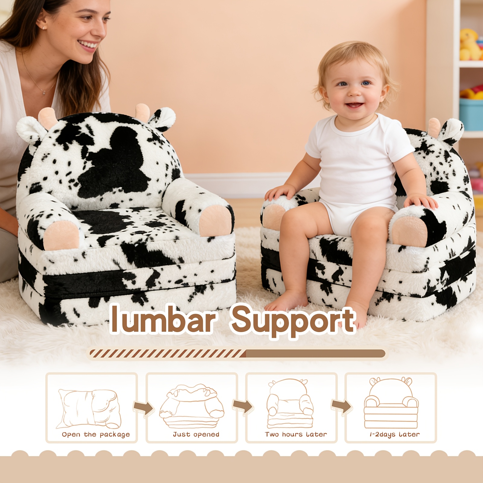 Kids Chair Plush with Removable Cover, Kids Sofa to Lounger, Kids Couch for Kids Over 18 Months, Toddler Recliners for Kids (Cow)