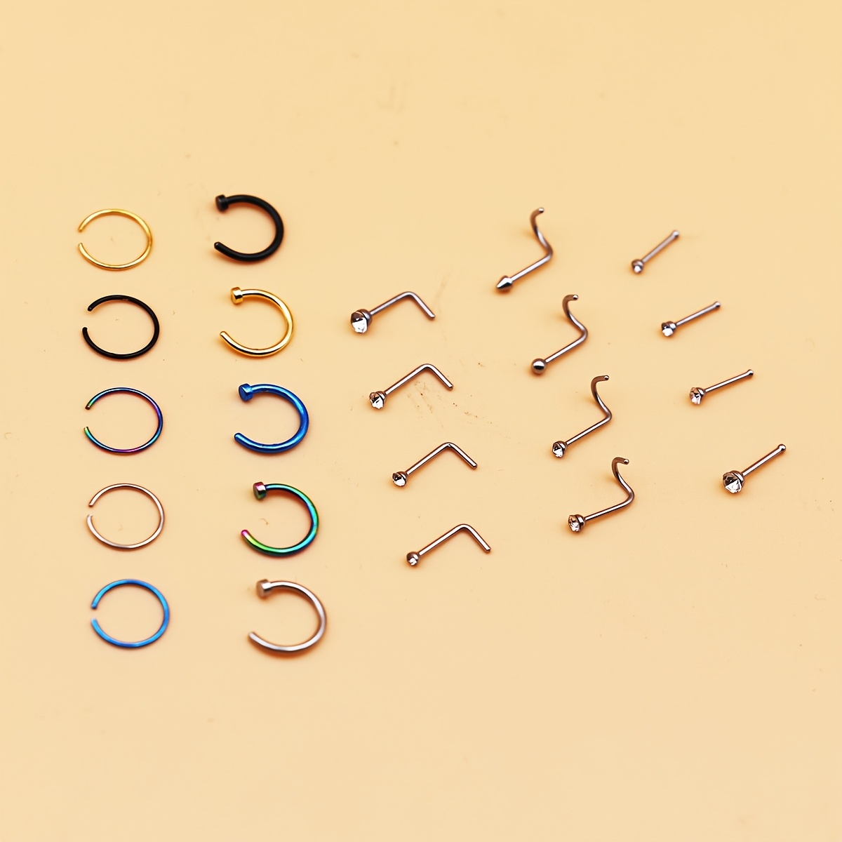 

22pcs Men's Nose Stud & Ring Set - Stainless Steel, Glass , Non-magnetic Body Piercing Jewelry, Body Piercing, Nose Stud