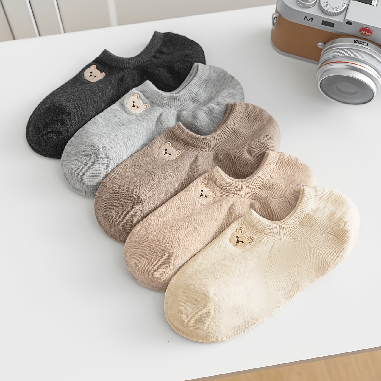 TEMU 5 Pares de Calcetines Invisibles de Corte Bajo para Mujer - Calcetines Antideslizantes Nude con Oso, Ideales para Desplazamientos, Mezclas