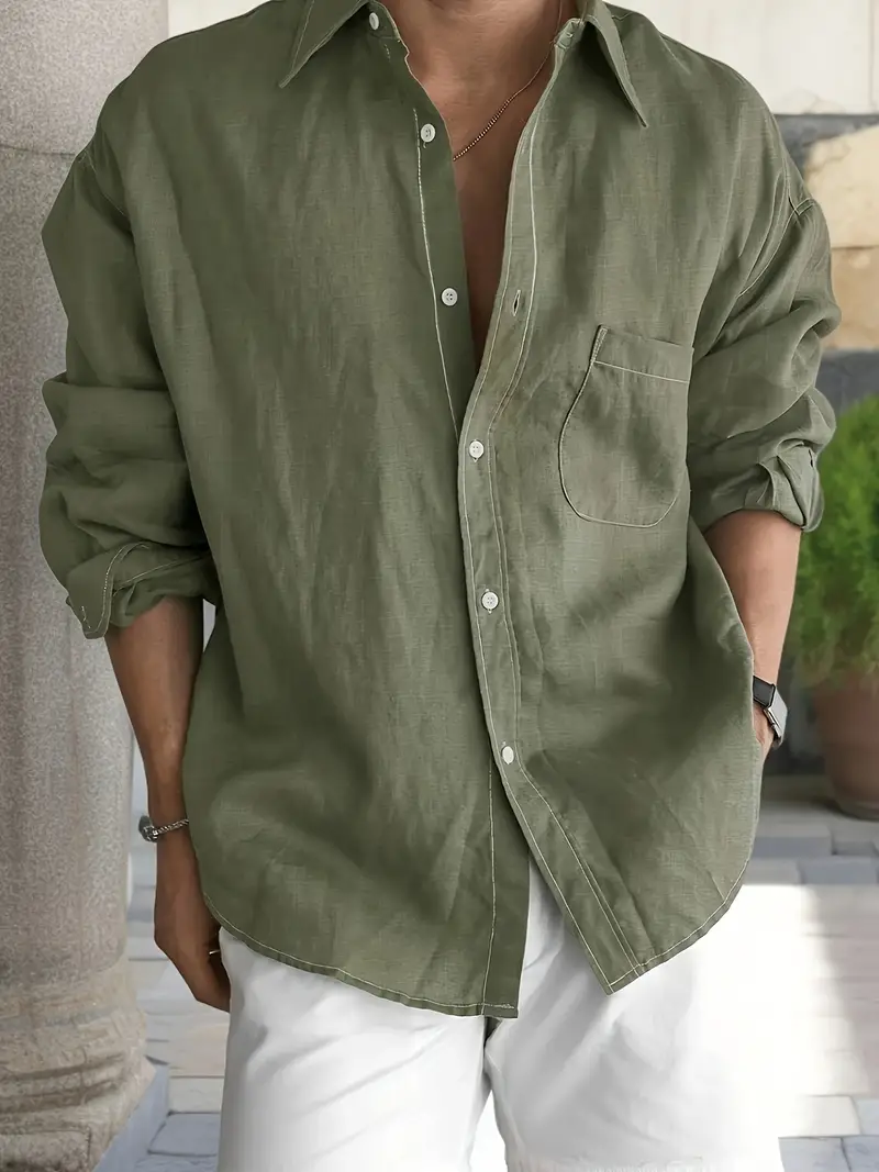 mens olive green white contrast dress shirt classic collar h size fit long sleeve button up button collar shirt for business casual outdoor casual attire machine washable formal blouse Product details 11