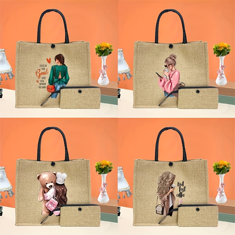 

Ensemble de sacs fourre-tout à motif de fille tendance, sac de plage de voyage en toile de jute Portable, sac de courses léger avec porte-monnaie 2 pièces