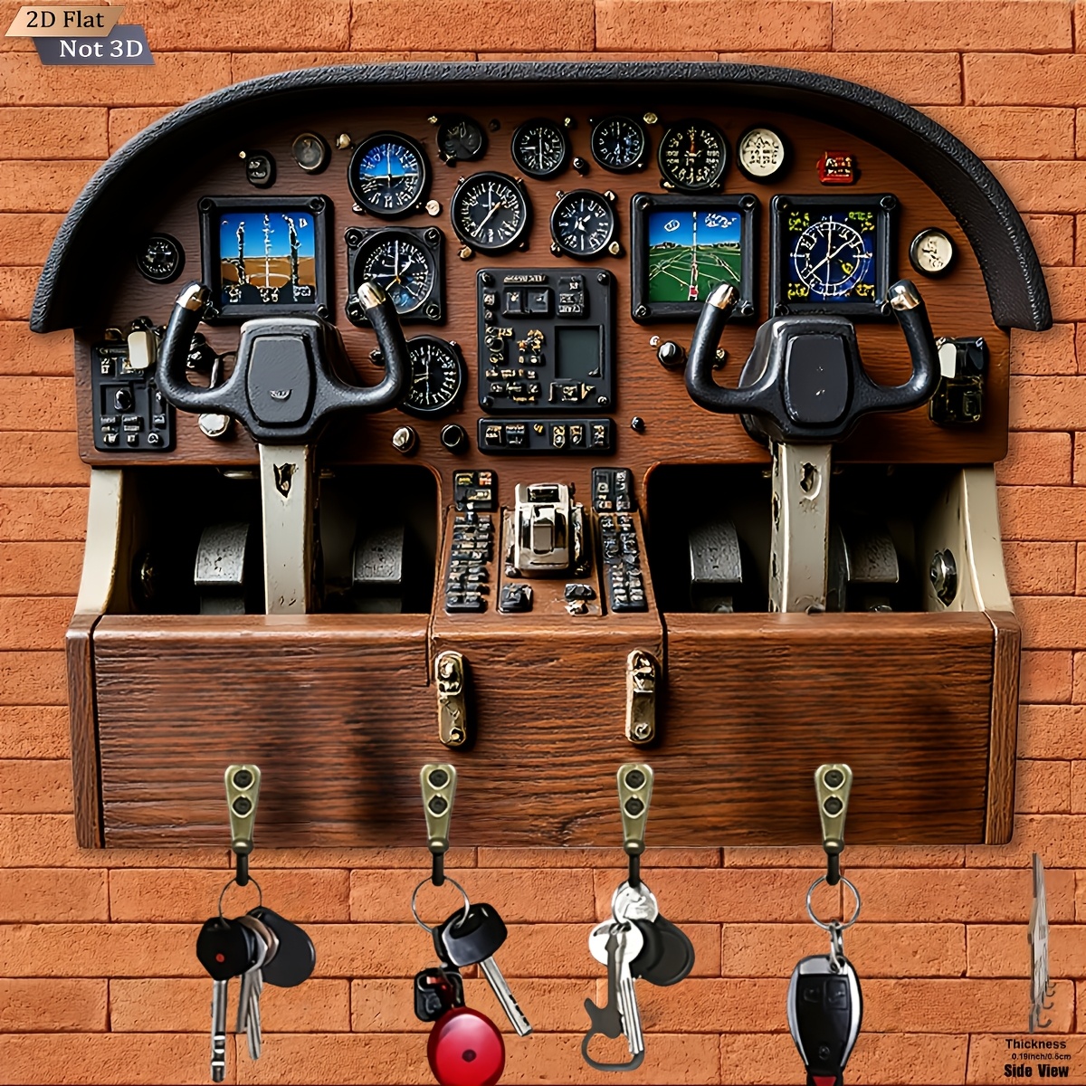 2d  . 1 kom.   za ključeve u obliku avionskog kokpita, drvena multifunkcionalna   za ključeve za dom, s četiri metalne kuke, pogodna za dekoraciju  , dekoraciju trijema, dekoraciju sobe, dekoraciju vile, dekoraciju vješalice za dom