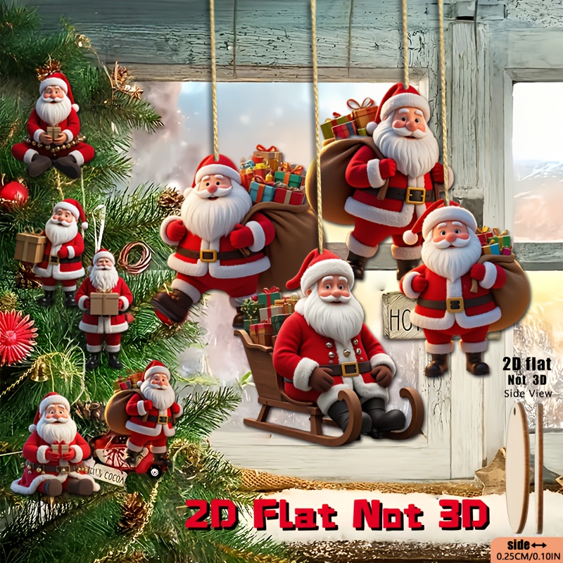 2D Flat, 2D Flat 9pcs Set of Kind and Jolly Santa Claus Series Retro Wooden Hanging Ornaments - Christmas Tree Decorations, No Wiring Needed for Home Doors/Windows Fireplace Branches Party Gifts, 2D Flat