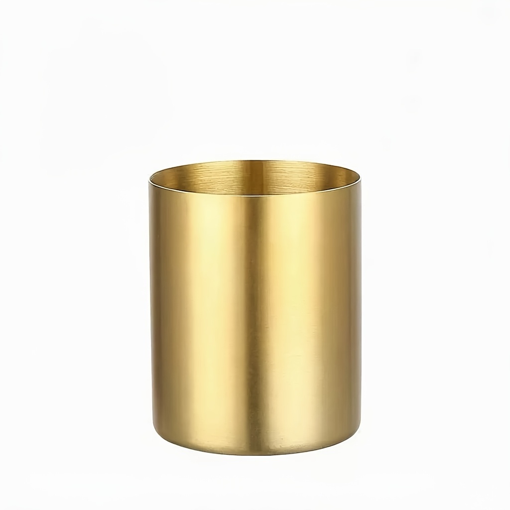 Image of Pencil Cup Holder Desk Organizer, Golden Pen Pot Pen Holder Container Desktop Stationery Organizer Table Vases Flower Pot Makeup Brush Holder, Stainless Steel, Golden