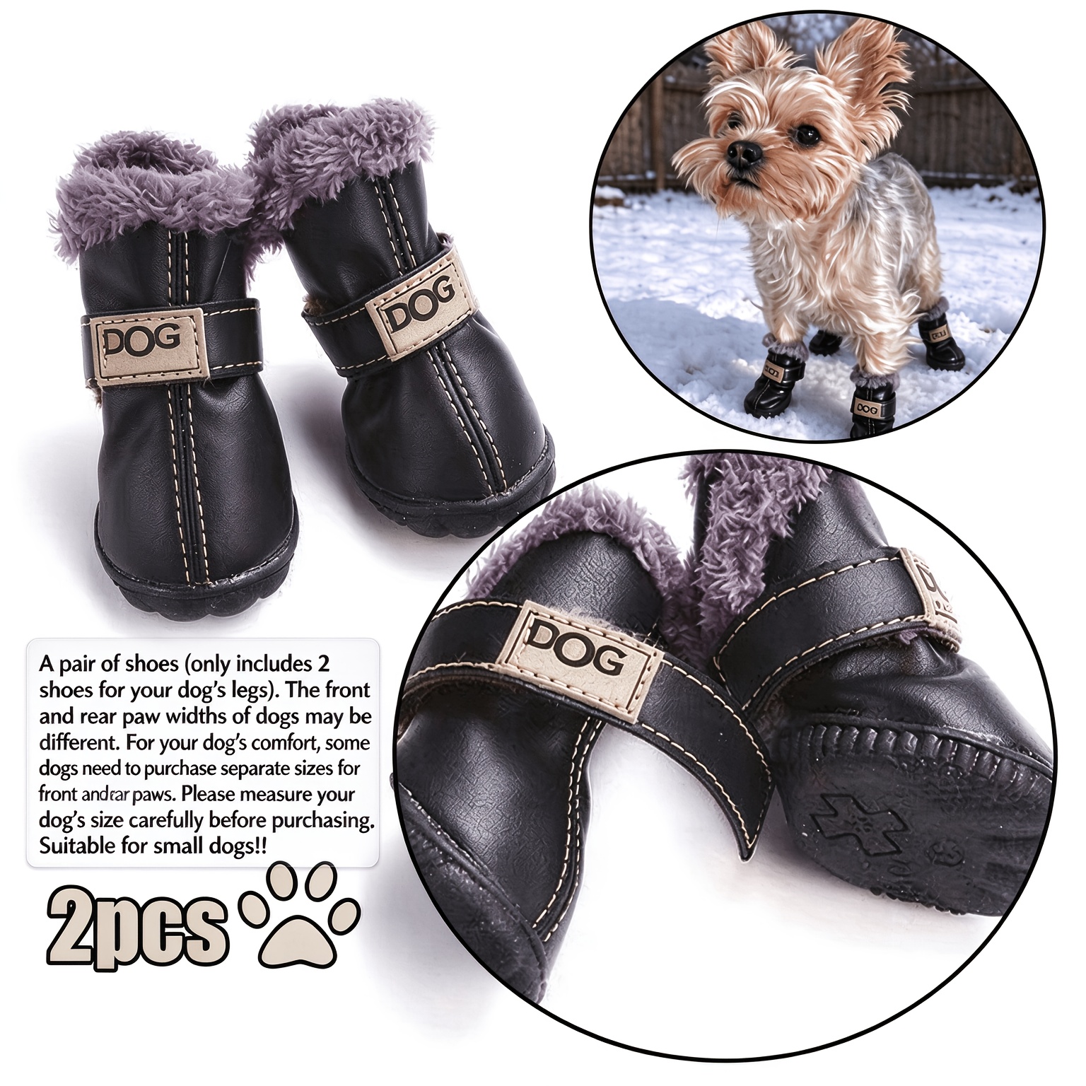 TEMU 1 Pair 2pcs Winter Dog Snow Boots - Non-slip Rubber Sole, Warm Fleece Lining Dog Shoes, Pu Pet Boots, Adjustable Hook-and-loop Closure And