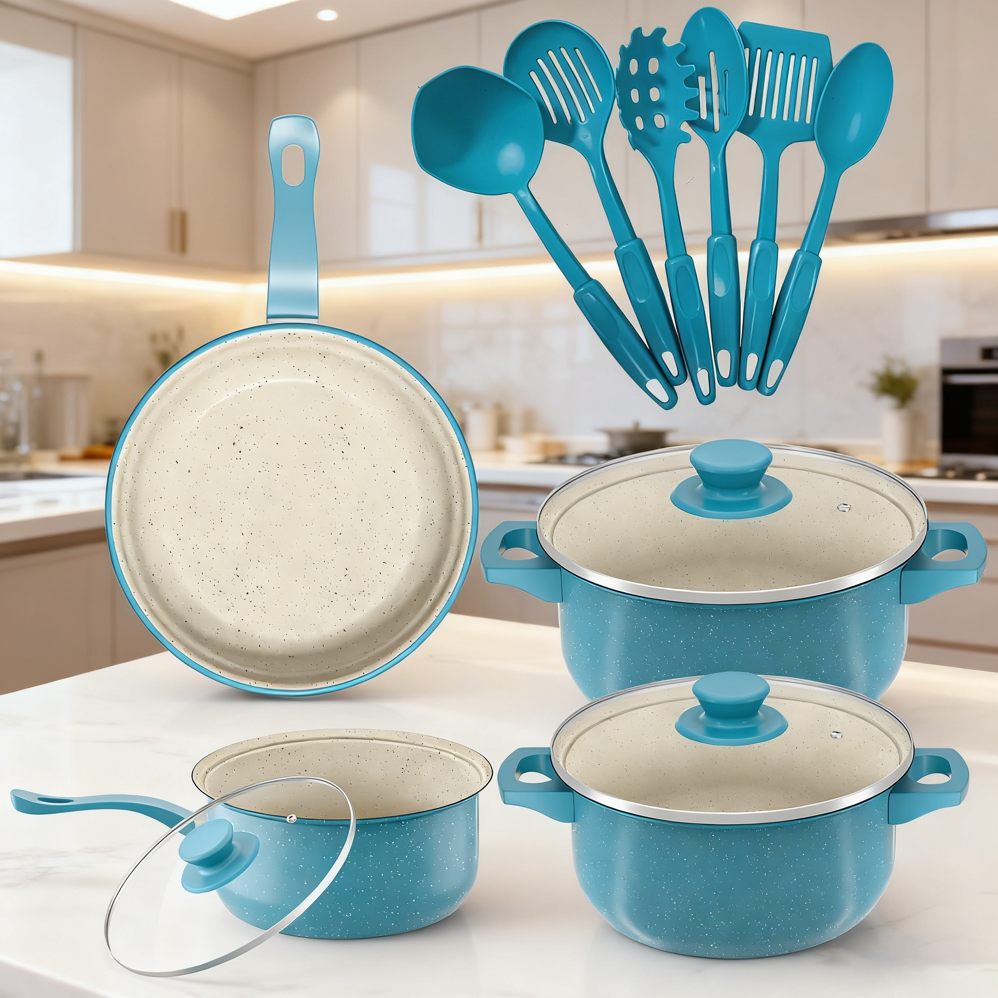 item picture 13pcs deluxe nonstick cookware set with red nonstick coating exterior heavy duty cast iron construction oven safe induction compatible   heat distribution scratch resistant pans complete kitchen set with lids