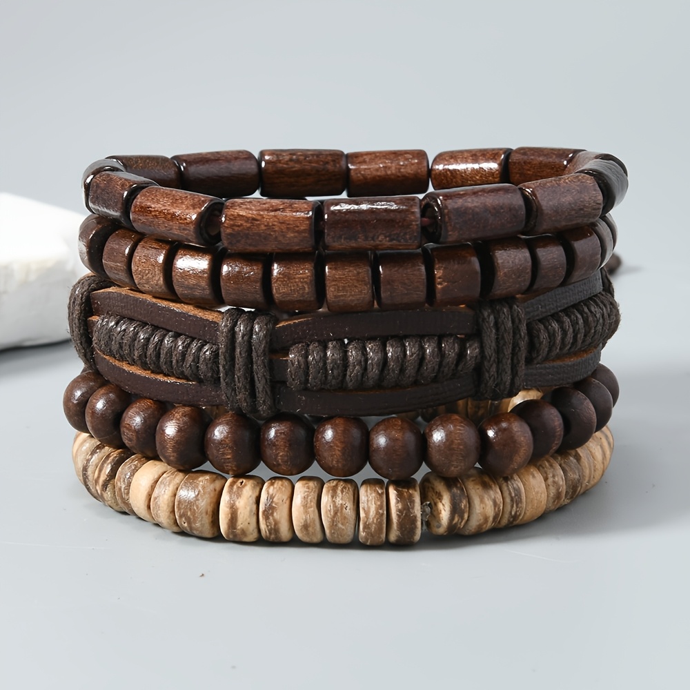 E-shop 5er Set Western Retro Set Handgewebte Mehrschichtige Stapelbare Holzperlen Armband Armband Unisex