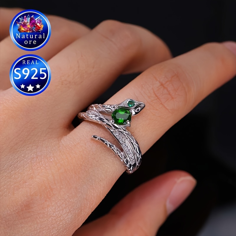 S925 Silver Adjustable Green Gemstone Ring