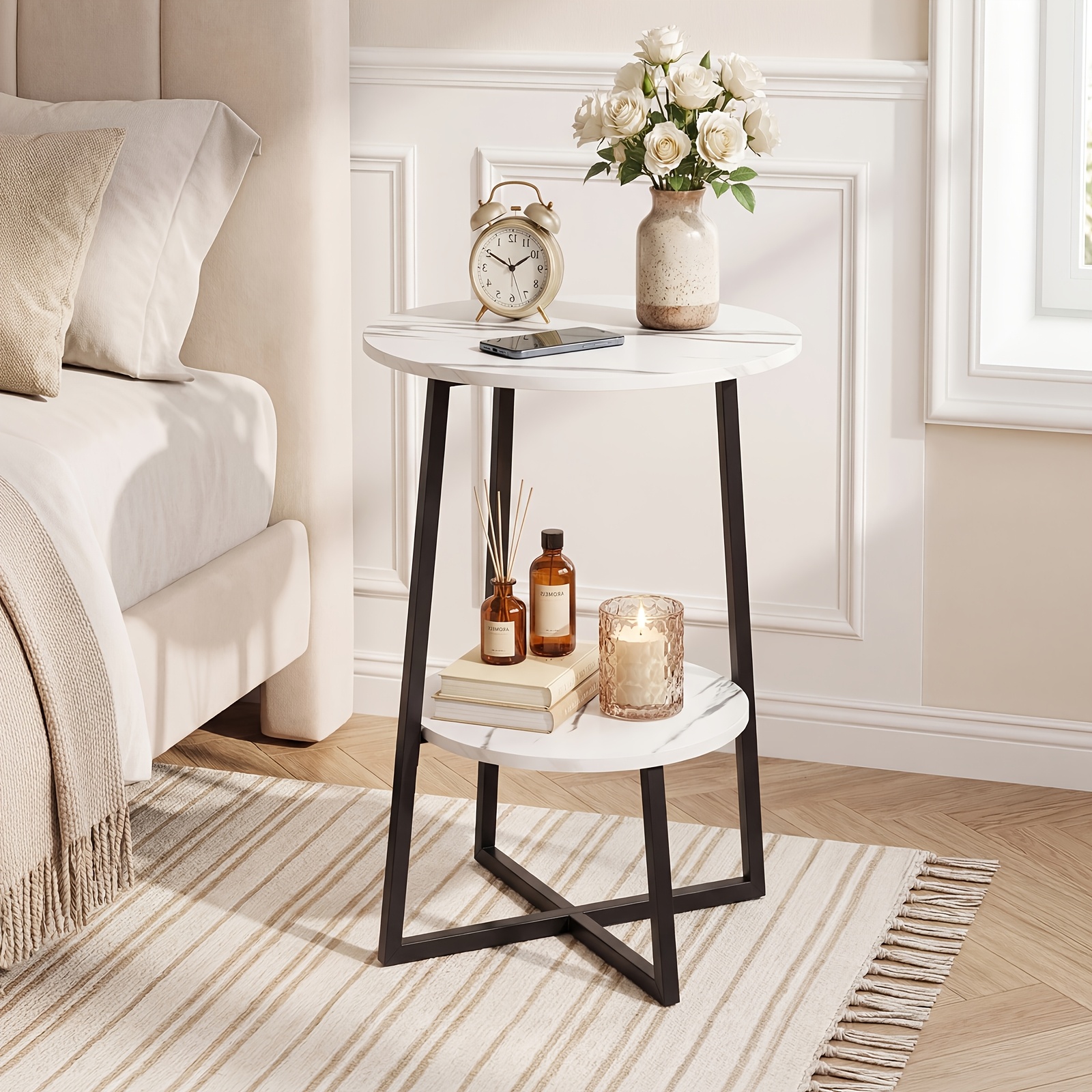 Standing Shelf, Sofa Side Table Storage Shelf 2-in-1 And Dual Use 2-tier Side Table, Black Frame Modern Easy, Living Room Small For Sofa Side Bedroom Nightstand, Standing Shelf