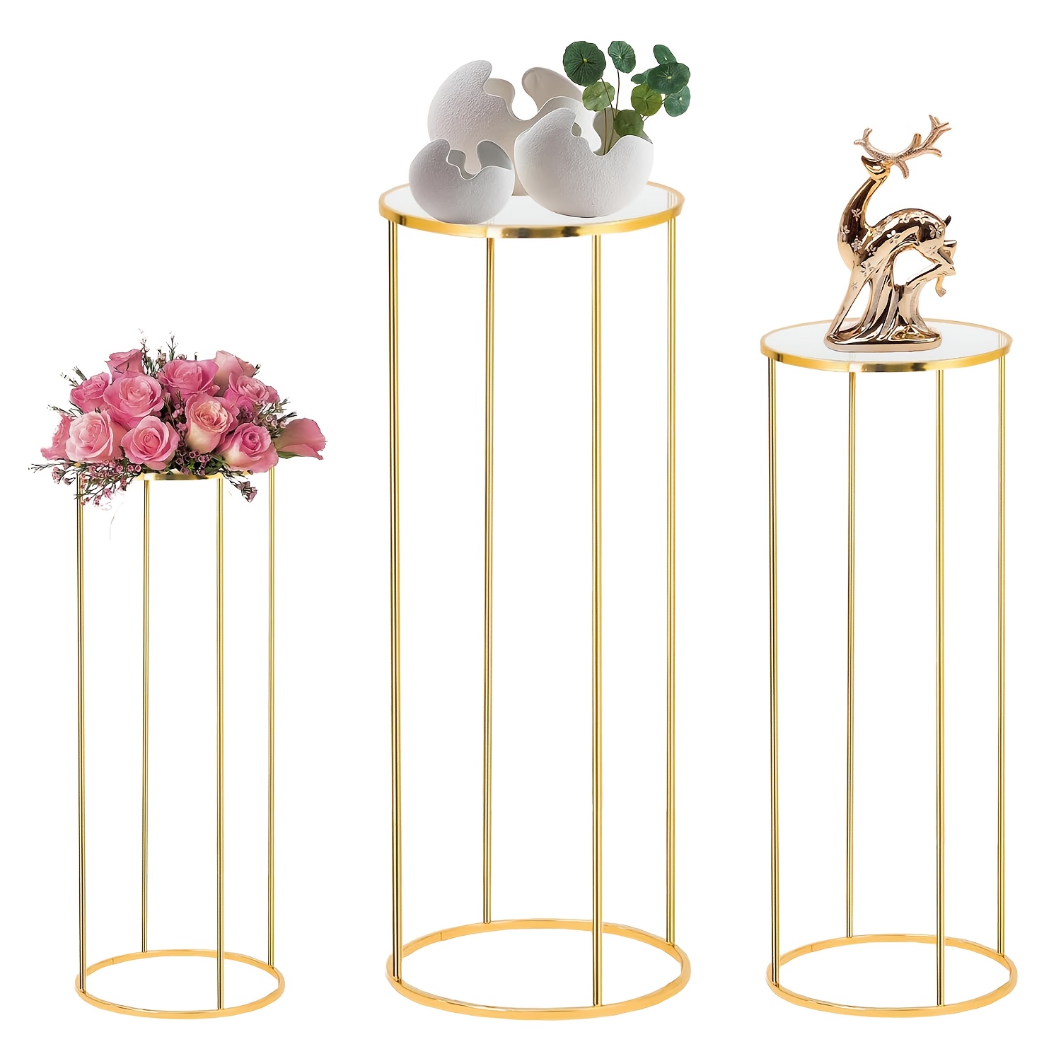 TEMU Golden Metal Round Display Pedestal Stands Set Of 3 - Decorative Cylinder Tables For Wedding, Bridal Shower, Birthday, Housewarming - Versatile Party Centerpiece Stand, Holiday Event Decor, No