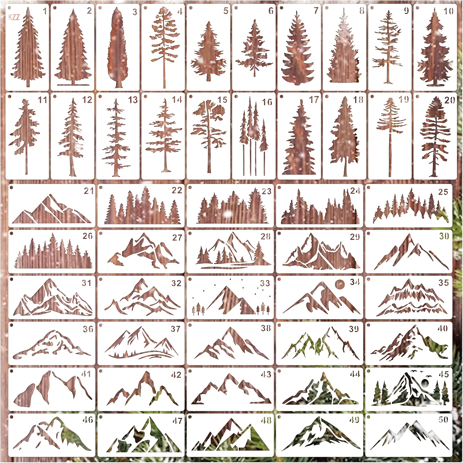 Kzz 50pcs Mountain Stencils For Painting On Burning Patterns Pine Tree Stencils Nature Stencil Christmas Tree Paint Template On Art Craft Canvas Wall Fabric Rock