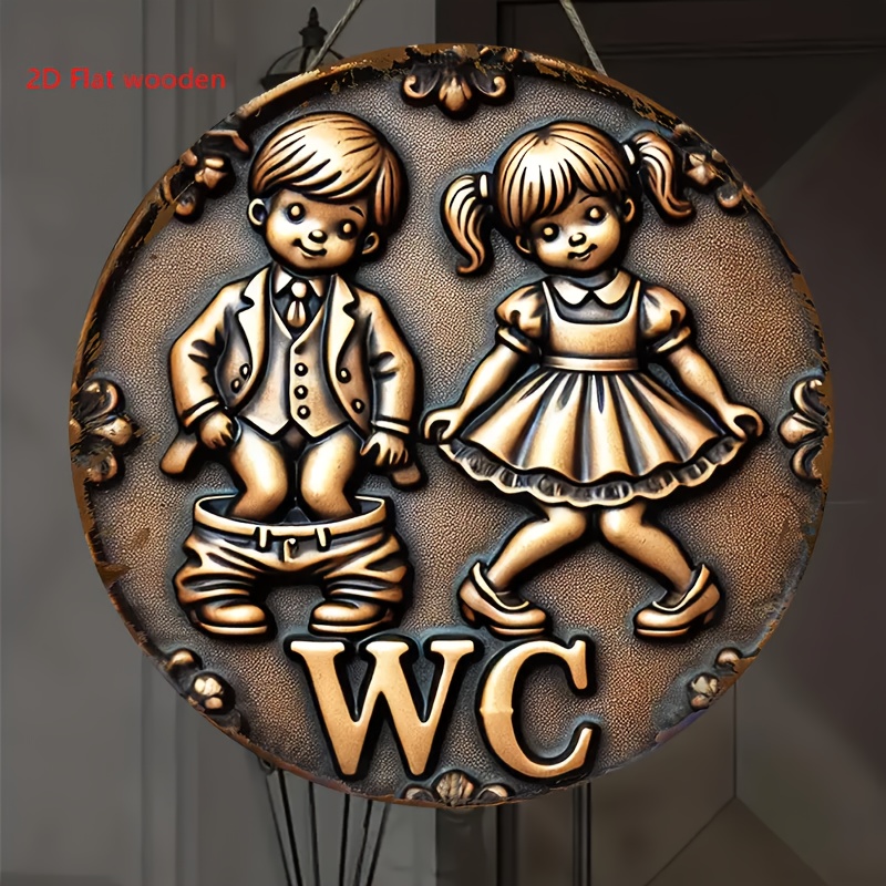 E-shop 2D Flat - [2D Flat] 2D-gedruckte Wandkunst mit einem vintage-runden WC-Schild "WC" mit einer Größe von 7,87 x 7,87 Zoll, geeignet für die Innen-