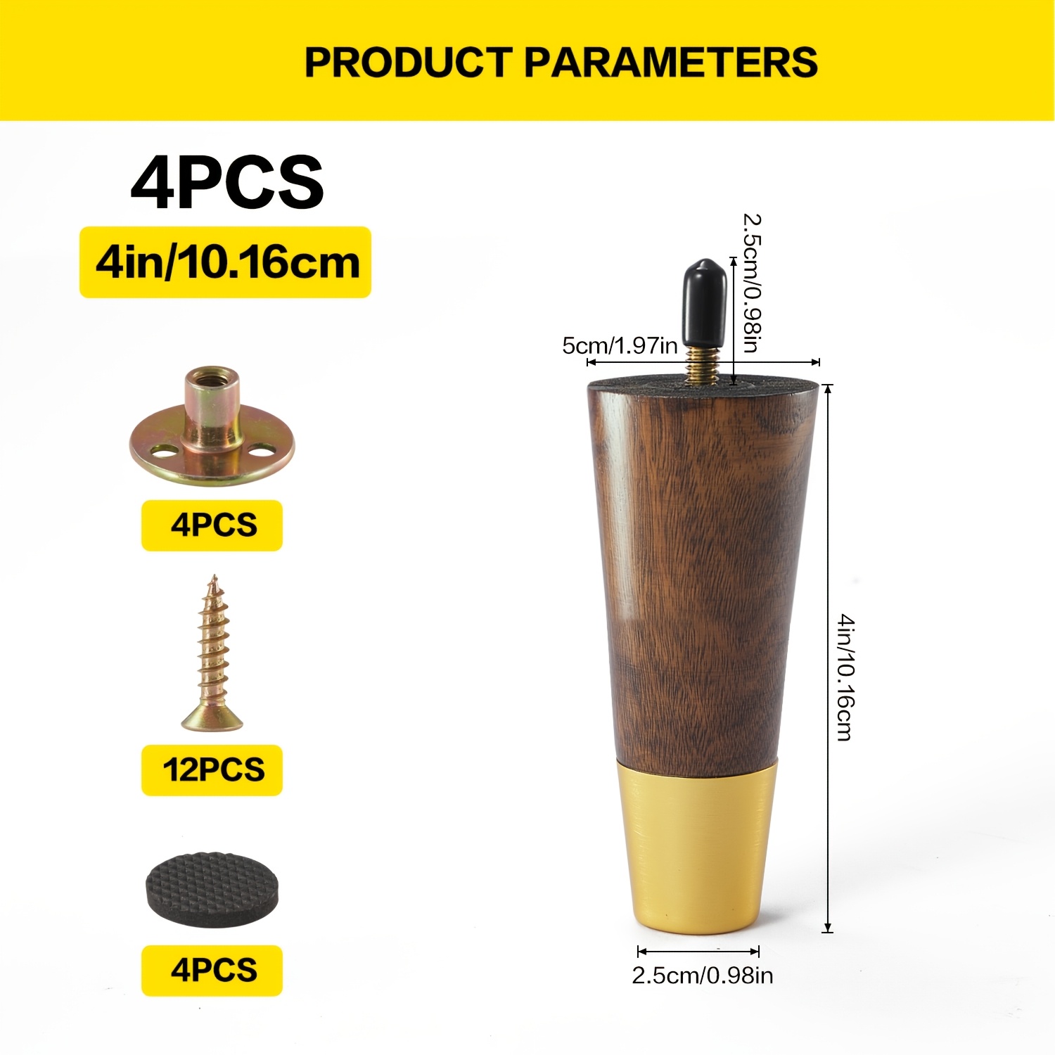 Image of 4 Inch/6 Inch Wooden Furniture Legs, Set Of 4 Solid Wood Table Legs Spherical Feet With Caps