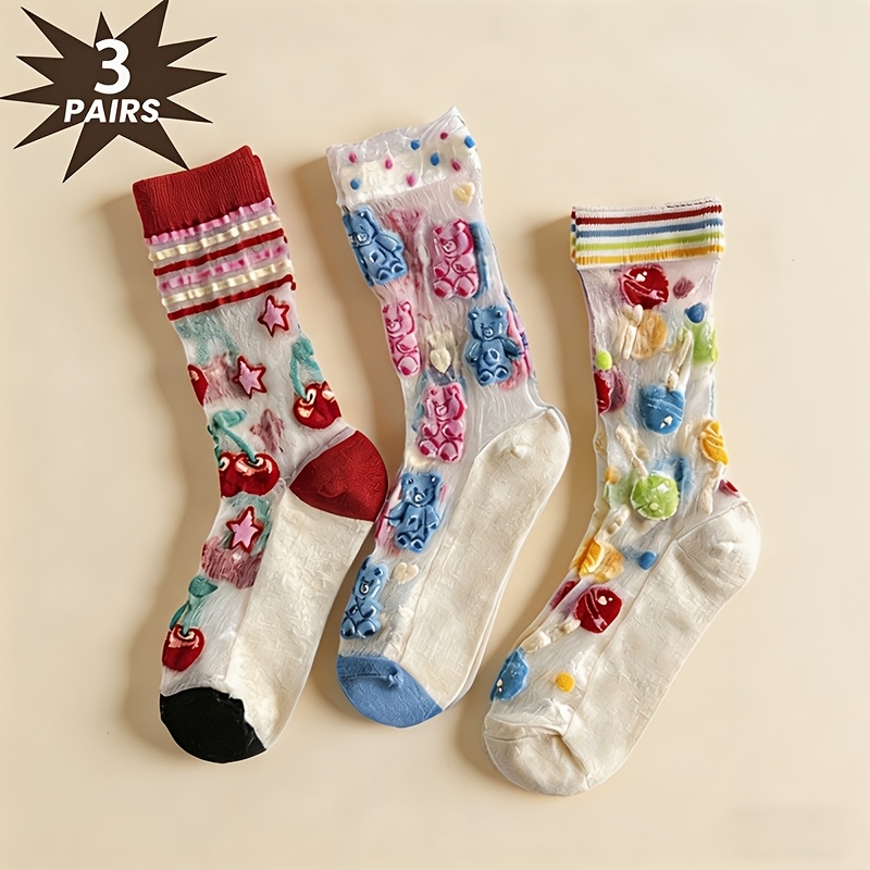 TEMU Lot de 3 paires de chaussettes pour femme, bas de verre transparents à style douce dopamine, chaussettes fines respirantes confortables évacuant